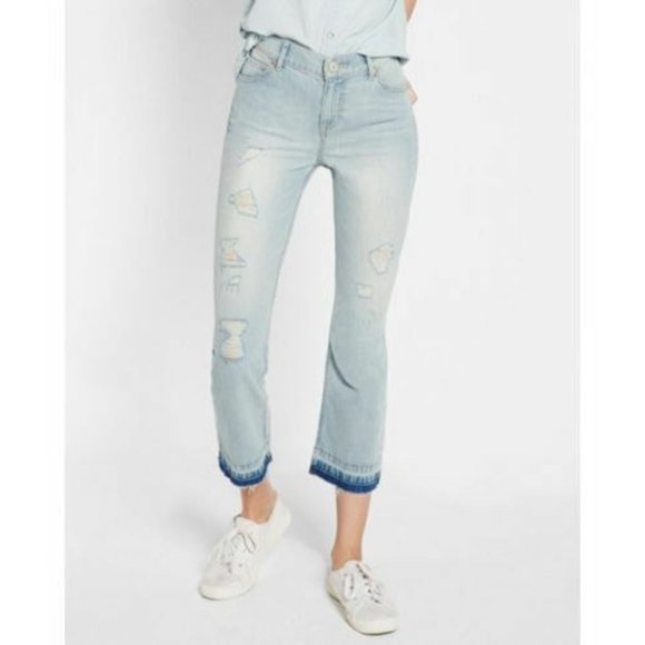 Express Size 2 Light Distressed Bell Crop High Rise Released Hems Jeans - Picture 2 of 10